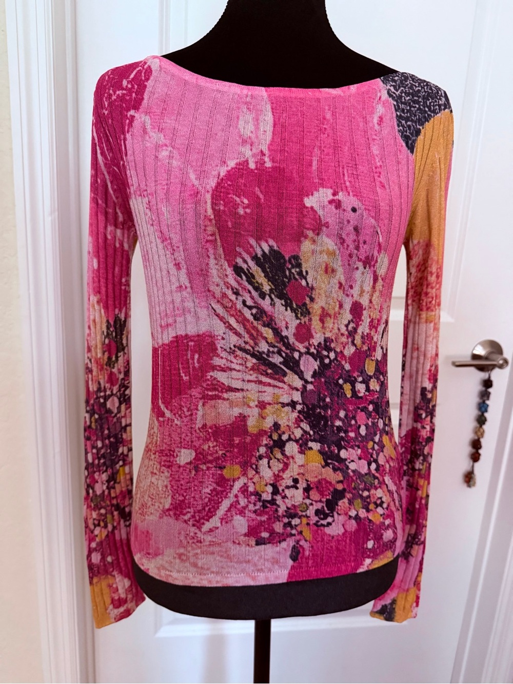 Desigual Pink Floral Ribbed Long Sleeve Top with Yellow & Black Accents